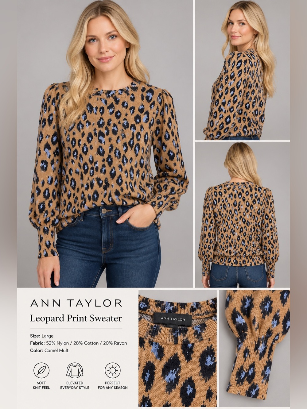 Ann Taylor Leopard Print Puff Sleeve Sweater Camel Blue Black Size Large